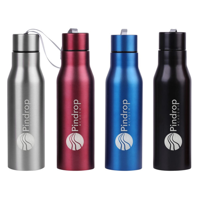 A drink bottle set featuring silver, red, blue, and black bottles, each with a logo on the front.