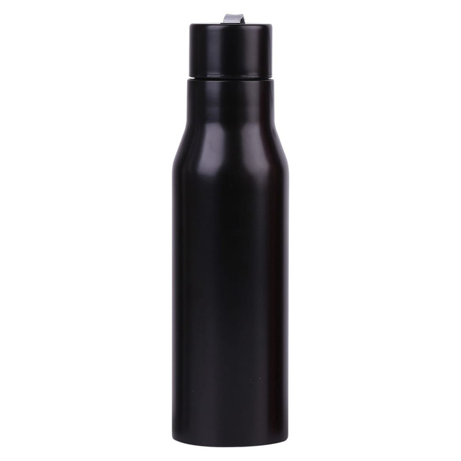 A drink bottle in sleek black with a threaded lid and a minimalist design. It features a branding logo.