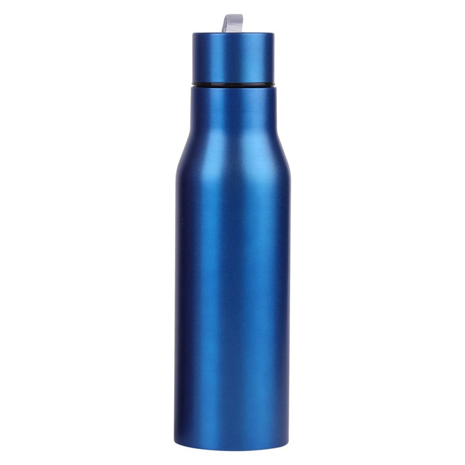 A drink bottle in a shiny blue finish with a screw-top lid and a decorative logo.