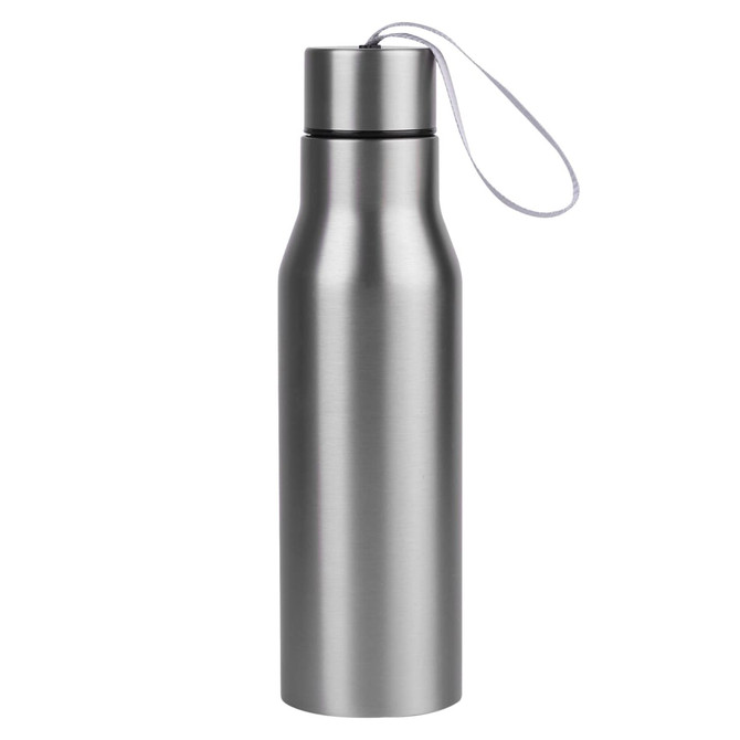 A drink bottle in silver metal with a sleek design and a carrying strap. Features a branding logo.