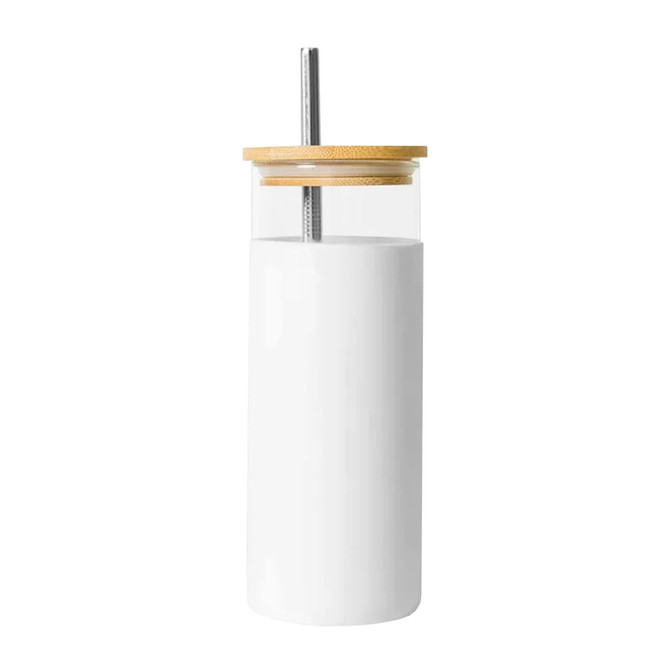 A drink bottle featuring a sleek white design with a bamboo lid and stainless steel straw.