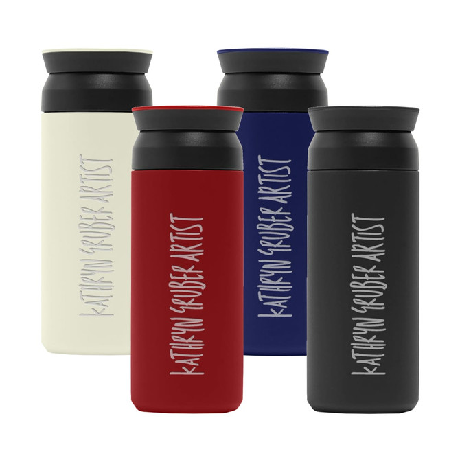 A drink bottle set featuring four colours: white, red, navy blue, and black, each with a logo.