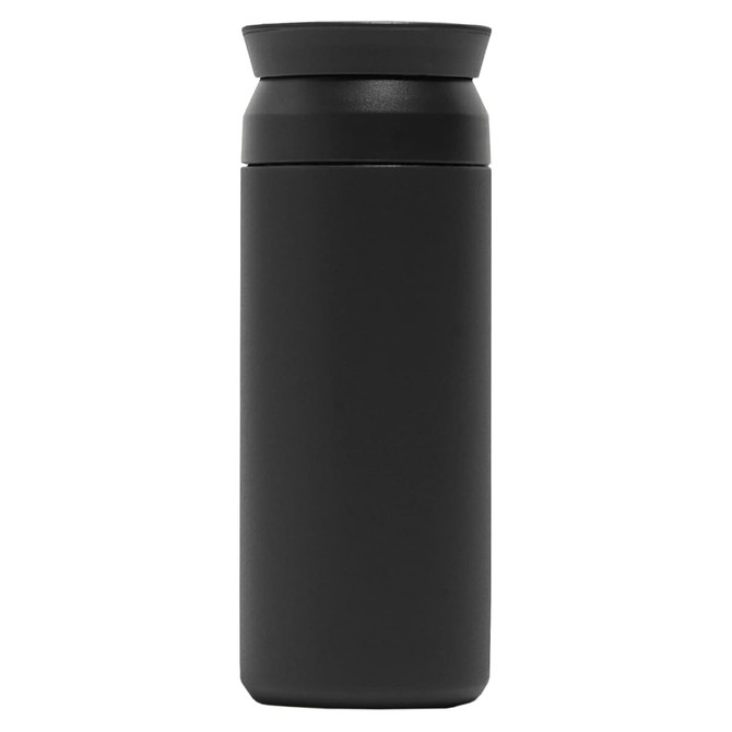 A drink bottle in matte black with a smooth texture and a screw-on lid, featuring a minimalist design and branding.