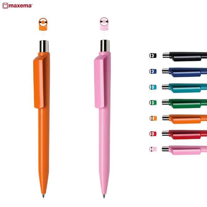 Two plastic pens in orange and pink, featuring a logo and available in various colours on the right.