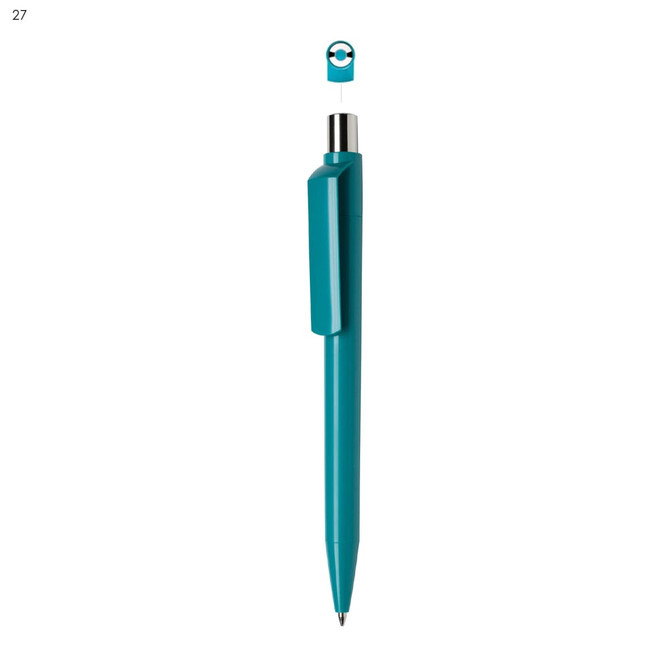 A turquoise plastic pen with a clip and a silver tip, featuring a branding logo.