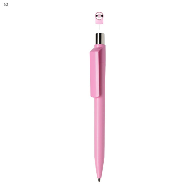A pink plastic pen with a distinctive design and a clip, featuring a small logo at the top.