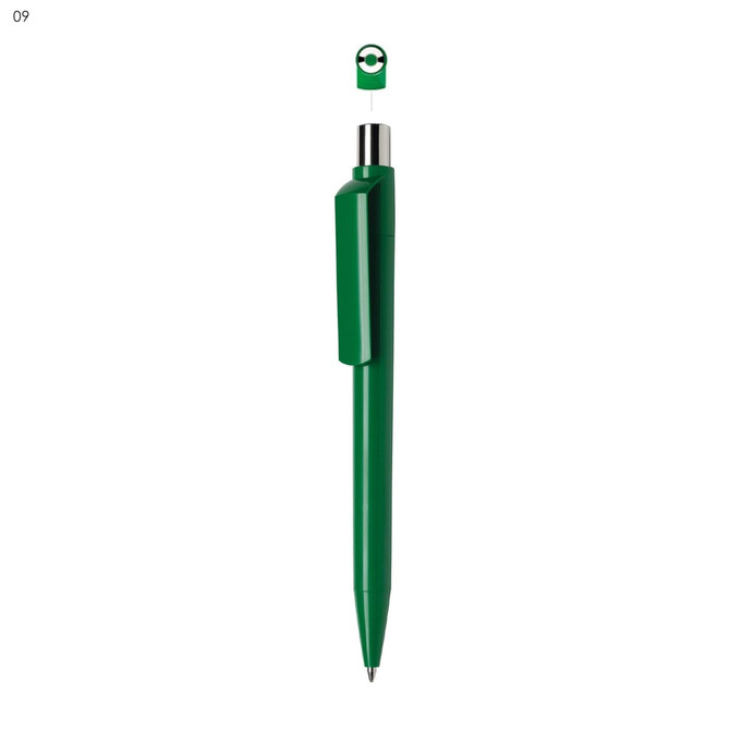 A green plastic pen with a sleek design and a cap, featuring a branding logo.
