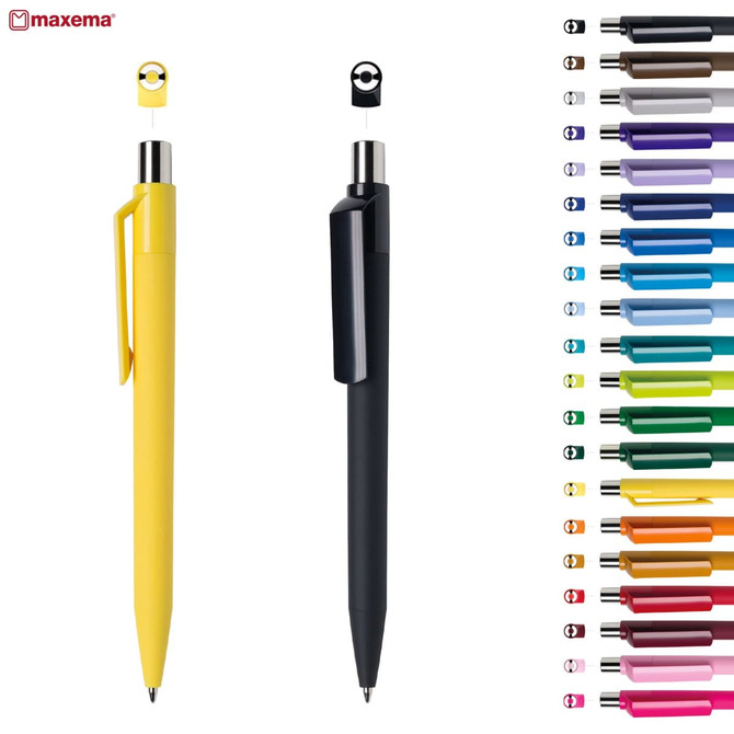 Two plastic pens in yellow and black, featuring a clip and a branding logo, displayed among a variety of colourful options.