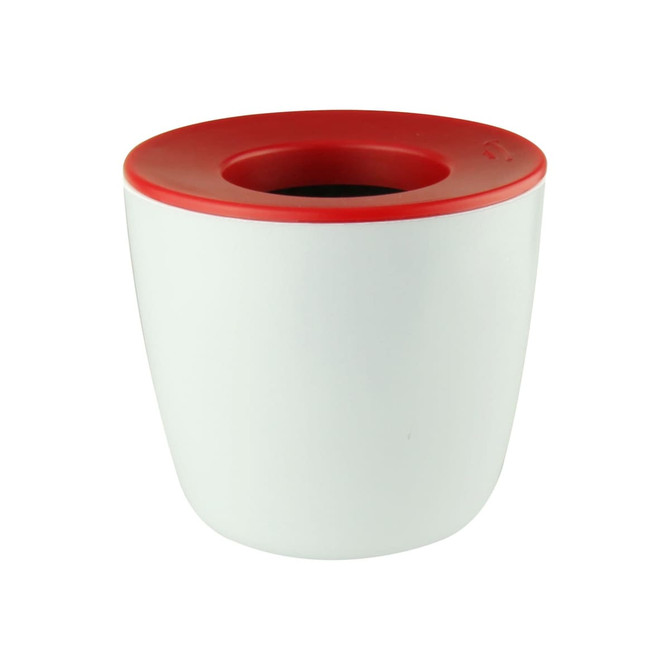 A mini desk plant pot in white with a red lid, featuring a simple, modern design and a circular opening.