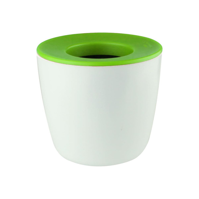 A mini desk plant pot in white with a vibrant green top rim. Features a smooth finish and a circular opening.