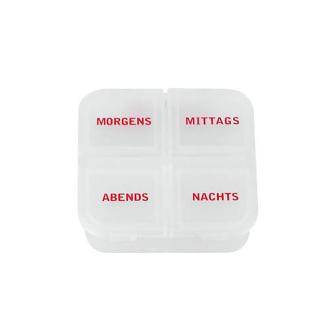 A white pill box divided into four sections, labelled for different times of day in red. It features a branding logo.