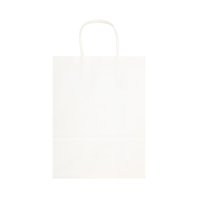 A large white paper bag with handles, featuring a smooth surface and a simple design.
