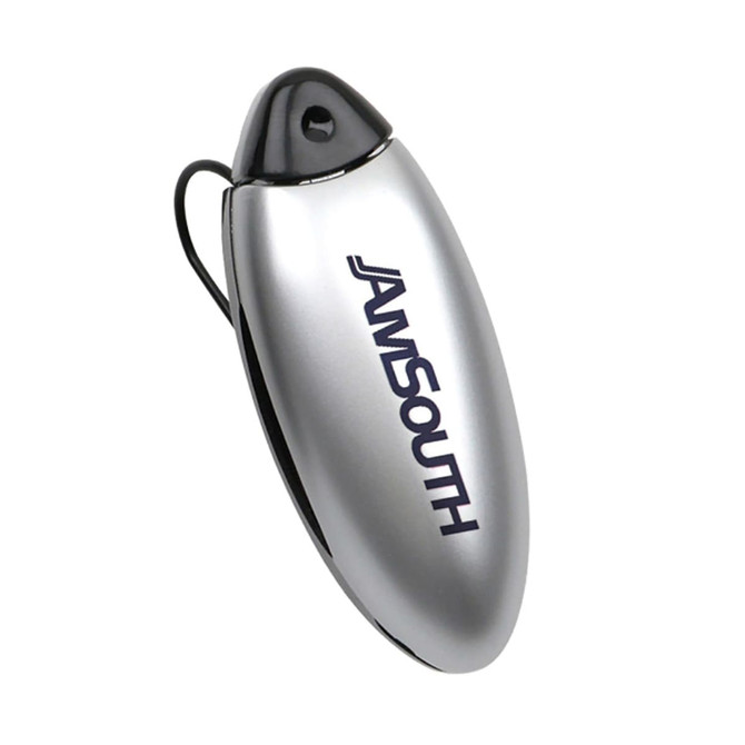 A silver sunglasses holder with a black clip, featuring a prominent logo. Sleek and compact design for convenience.