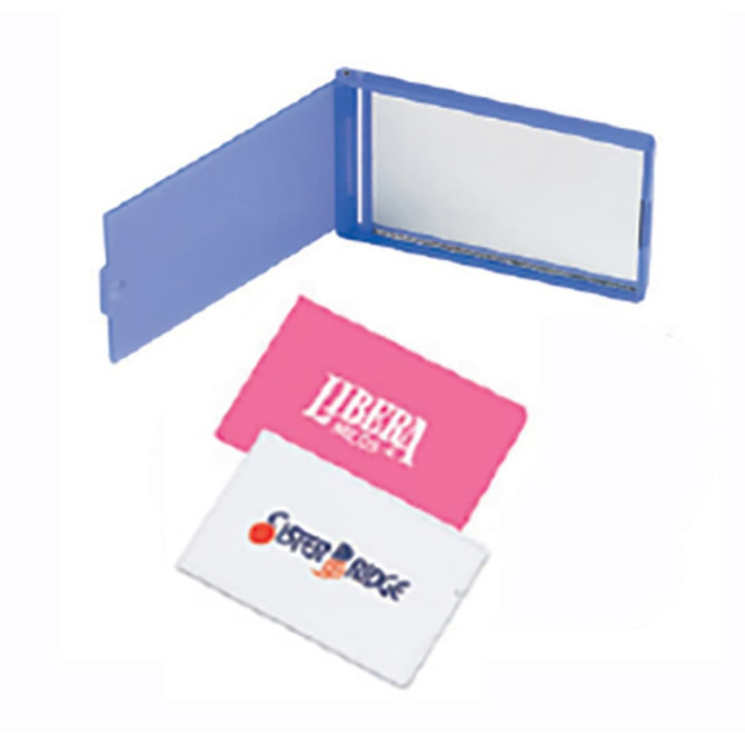 A mirror in a purple case, with a pink card and a white card featuring logos inside.