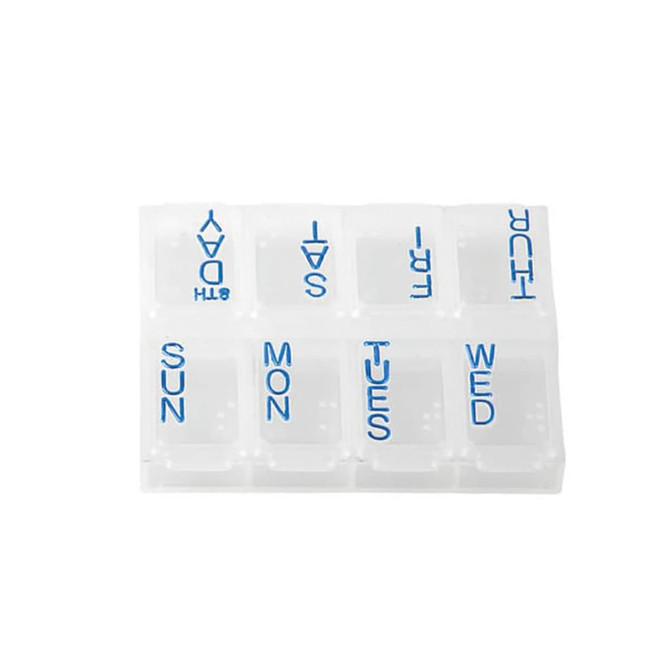 A clear pill box with compartments labelled for each day of the week, featuring blue text for organisation.