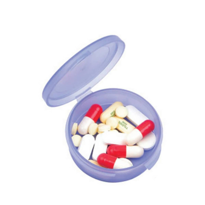 A purple pill box containing various capsules and tablets in white, red, and yellow. The box is open, revealing its contents.