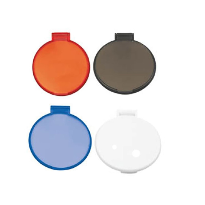 Four circular mirror cases in orange, black, blue, and white, featuring solid colours and a clasp closure.