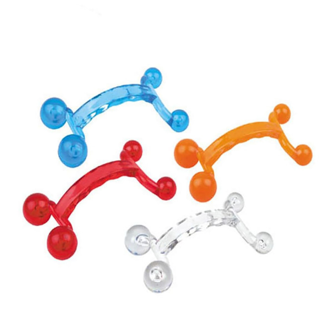 A set of four massagers in blue, red, orange, and clear colours, each shaped like a small dumbbell.