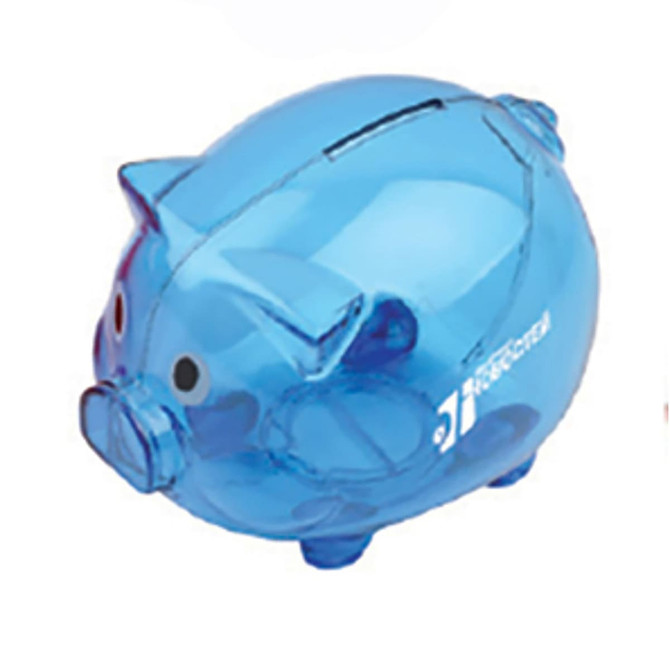 A blue pig-shaped coin bank with a slot on top and two eyes, designed for saving money.