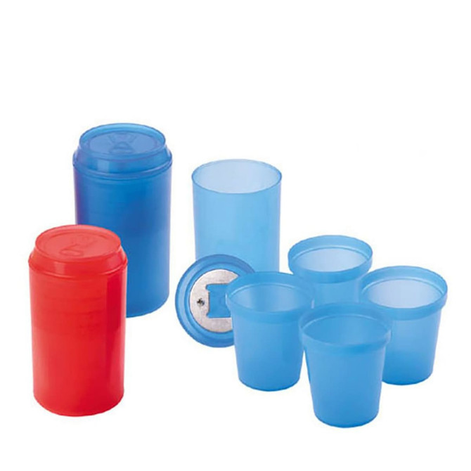 A drink bottle in red and blue with four smaller blue cups inside and a bottle opener on the lid.