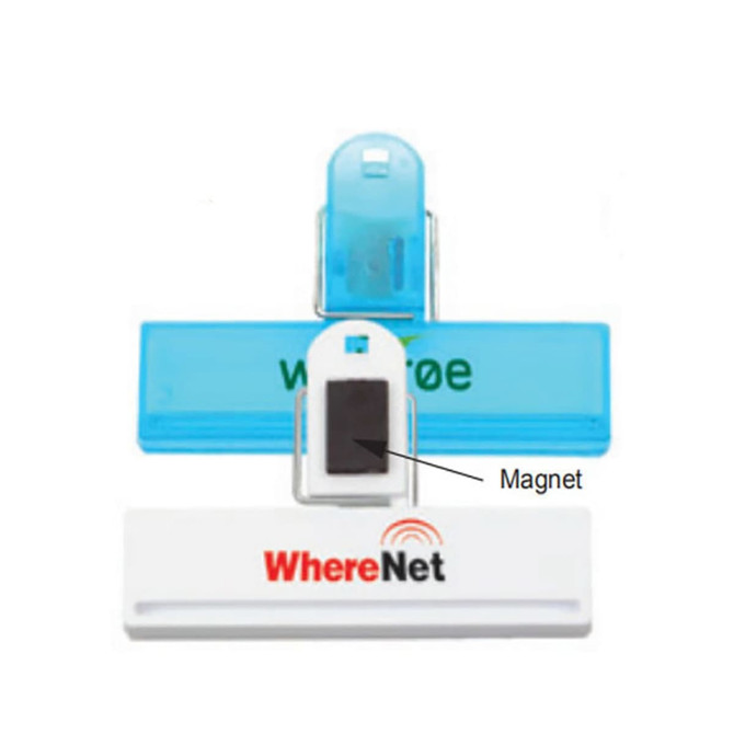 A set of three office clips in blue and white, featuring a magnet on the back and a logo.