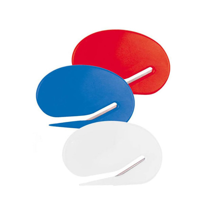 A set of three letter openers in red, blue, and white with a sleek, curved design and metal blades.
