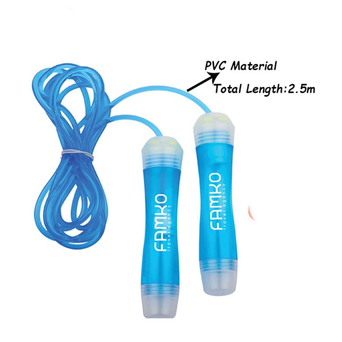 A blue rope skipping set featuring PVC handles and a 2.5m length, with a logo on the handles.