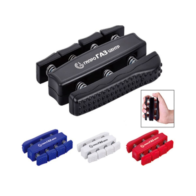 A set of multi-coloured clips in black, blue, red, and white, featuring springs and a textured grip surface.