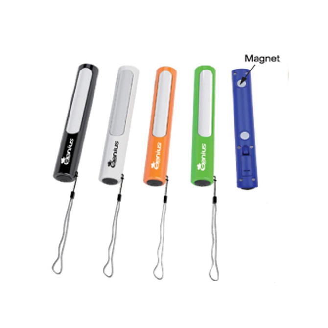 A set of COB lights in black, orange, green, and blue, each with a wrist strap and a magnet.