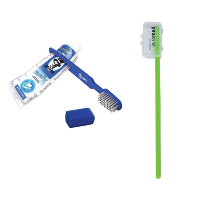 A blue toothbrush with bristles and a tongue scraper, paired with a tube of toothpaste and a green travel case.