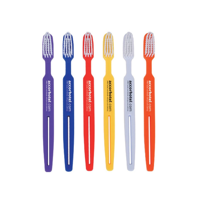 A set of six toothbrushes in purple, red, yellow, orange, white, and blue, each featuring a logo.
