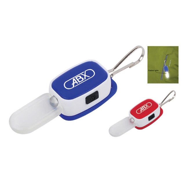 A blue and white multifunctional key light with a clip and a retractable LED light. Includes a red accent section.