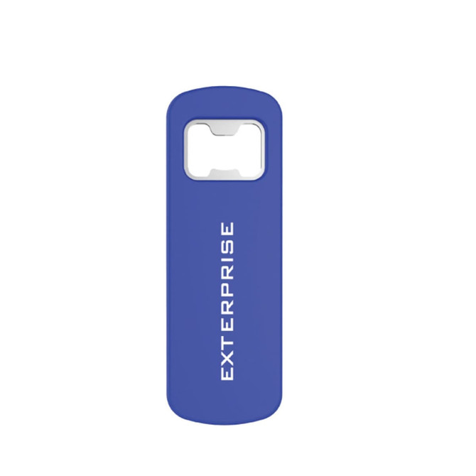 A drink bottle opener in blue with a built-in magnet and a logo on the side.