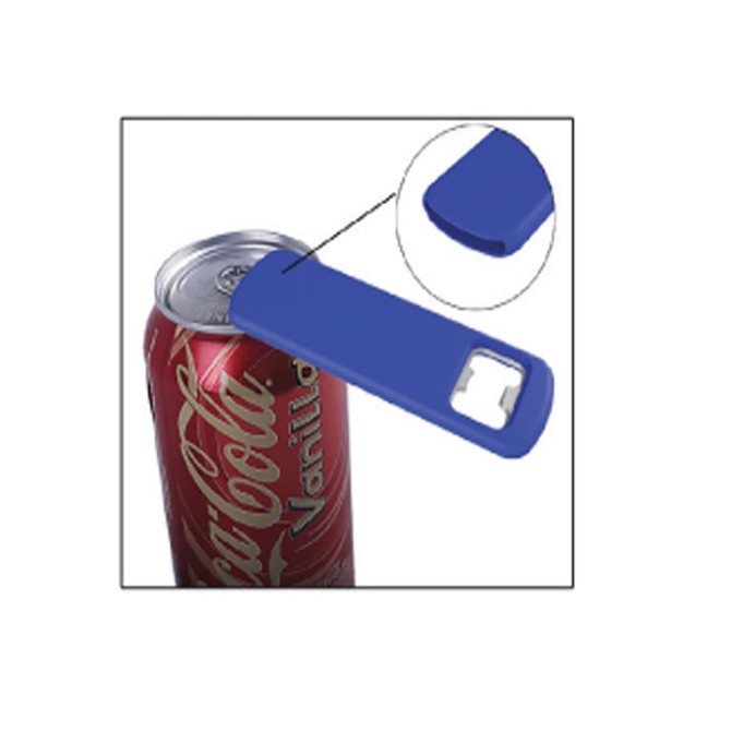 A drink bottle opener in blue with a magnet, designed to attach to a fridge, resting on a can.
