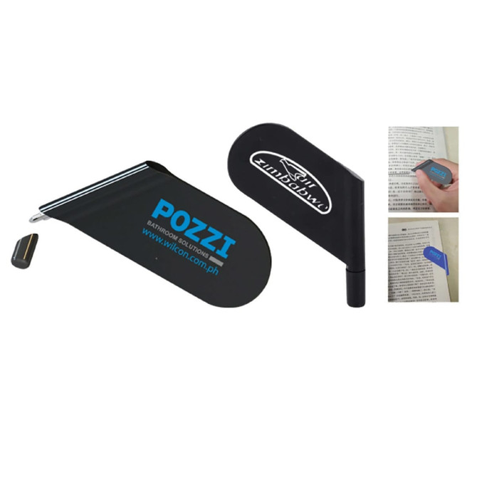 A black ball pen and a matching bookmark with a logo, designed for writing and marking pages.
