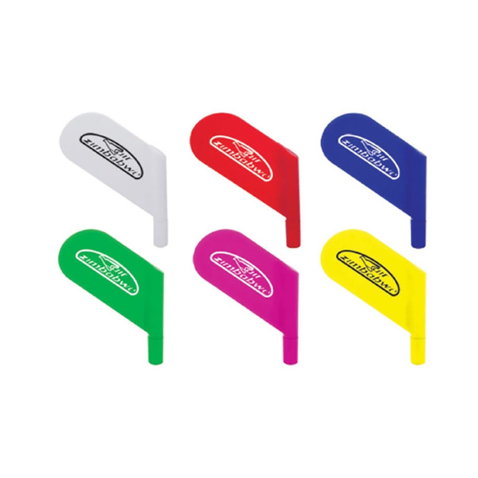 A collection of six plastic pens in white, red, green, blue, yellow, and pink, each featuring a logo.
