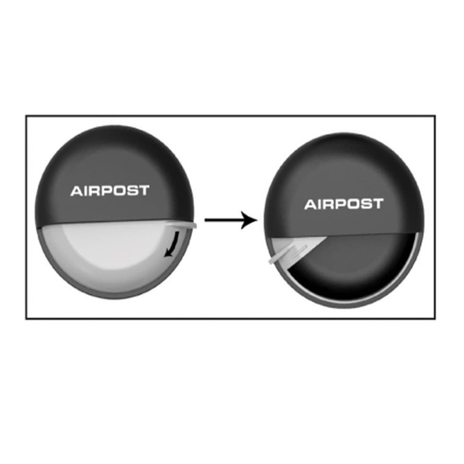 A black pill box featuring a sliding compartment and a logo, designed for health and personal use.