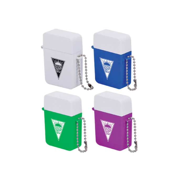 A pill box with a keyring, available in white, blue, green, and purple, featuring a logo.