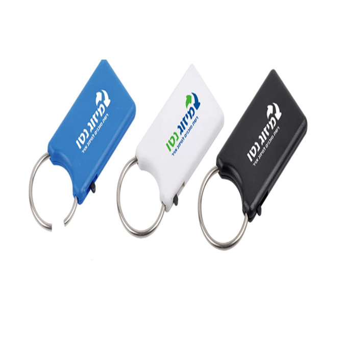 A set of three keyring tools in blue, white, and black, each with a logo and a metal keyring attachment.