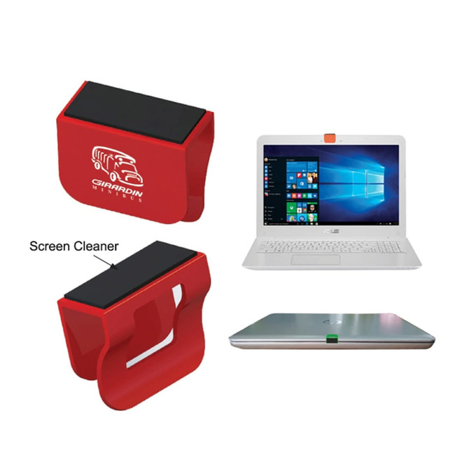 A red webcam cover with a black screen cleaner, designed for laptops and other devices, featuring a branding logo.