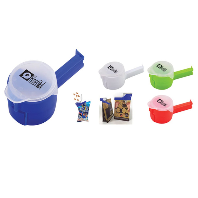 A set of bag clips in blue, green, pink, and white, featuring a logo on each clip.