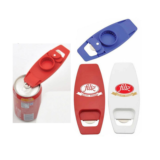 A drink bottle opener in red, blue, and white, featuring a logo and designed for use with cans.
