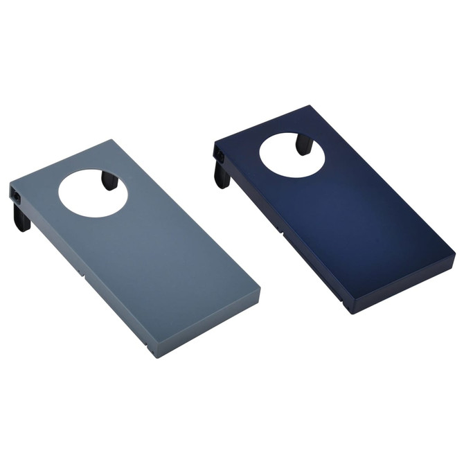 Two rectangular drink bottle holders in grey and navy blue, featuring circular cutouts and a logo.