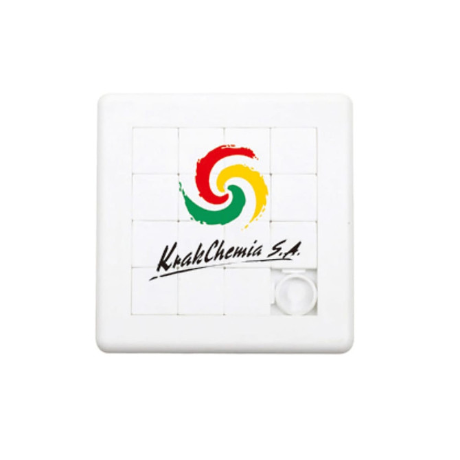 A square puzzle with white pieces and a multicoloured spiral logo. It includes a brand logo at the bottom.