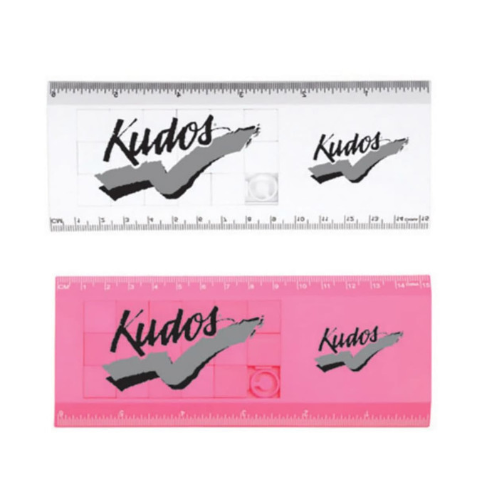 A pink and a transparent ruler featuring a logo, with measurement markings along the edges.