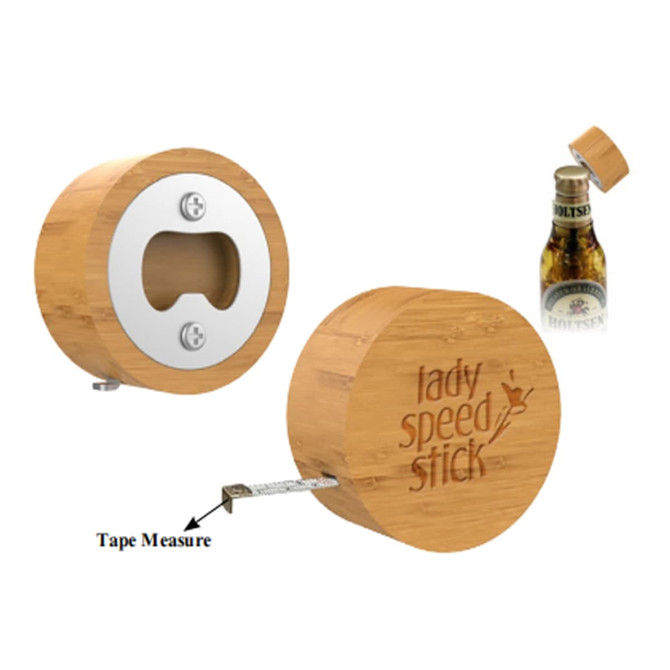 A drink bottle opener combined with a tape measure, featuring a bamboo design and a metallic opener.