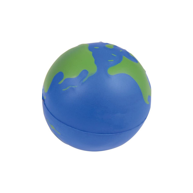 A blue and green globe-shaped stress ball with a simple design and a logo. Ideal for fun and relaxation.