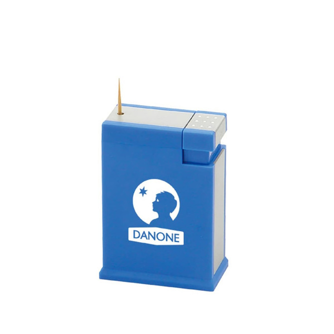 A blue toothpick holder with a square design and a logo, featuring a small opening at the top for toothpicks.