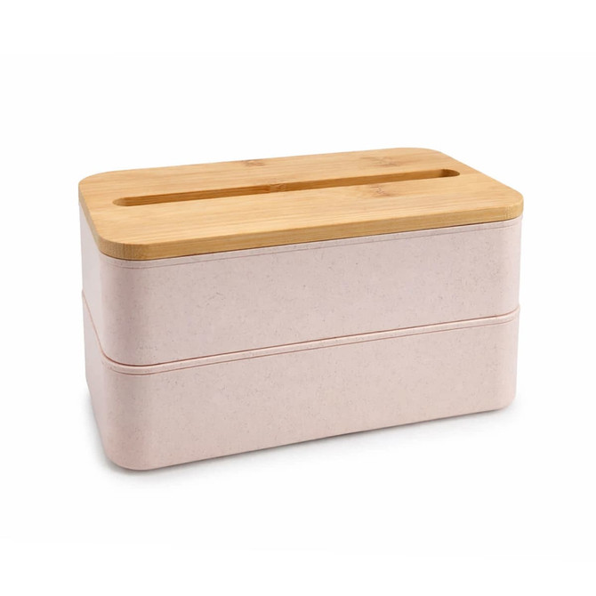 A pink eco lunch box with a bamboo lid features a phone holder slot on top. It has a sleek, stacked design.