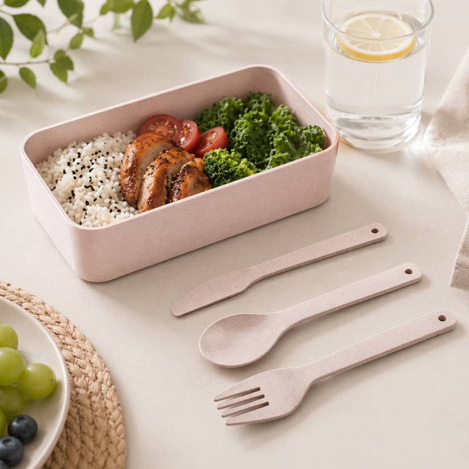 A pink eco-friendly lunch box filled with rice, chicken, tomatoes, and greens, accompanied by a spoon and fork.